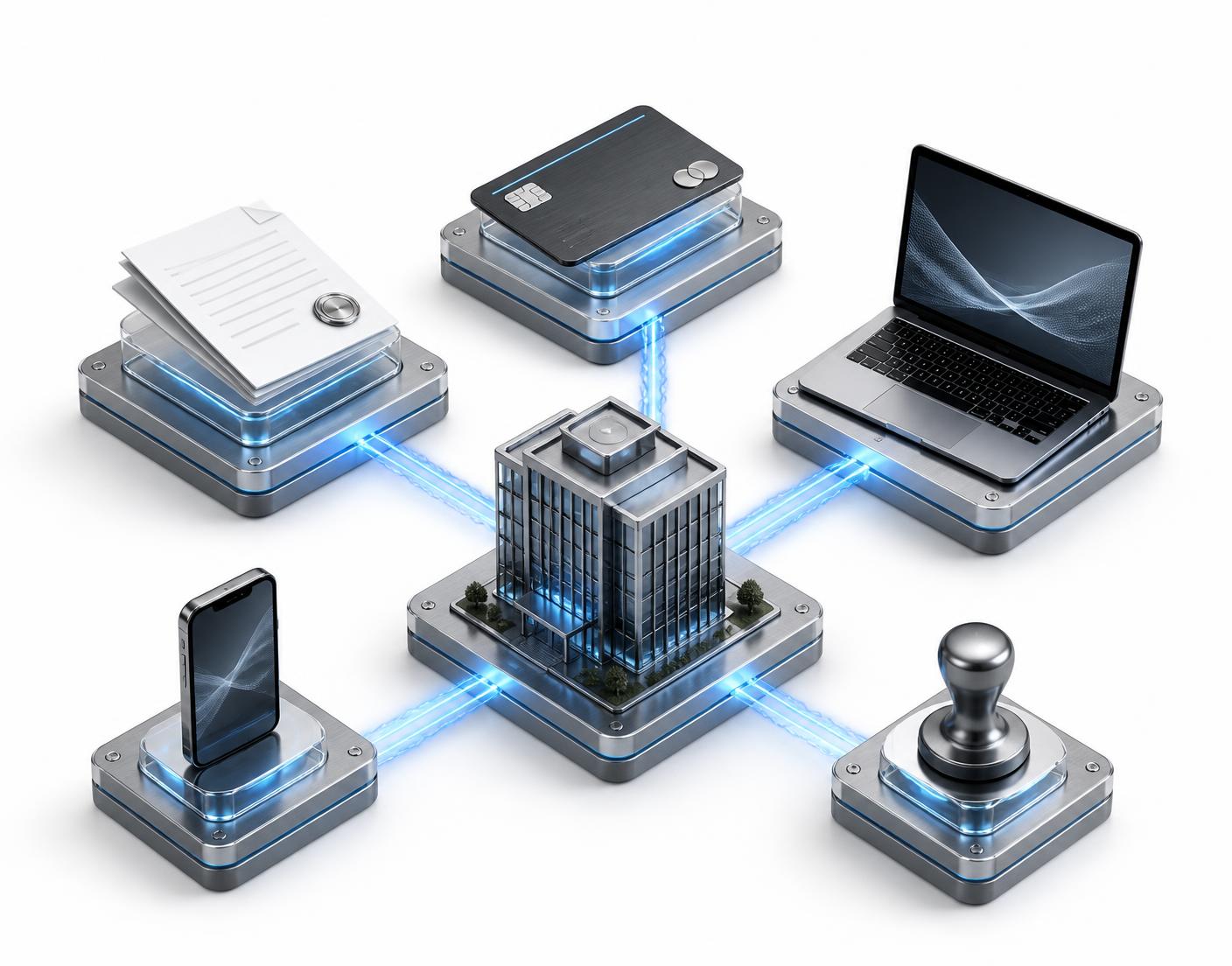 Modular business assets — formation documents, banking, website, phone and office — connected by blue light into one system