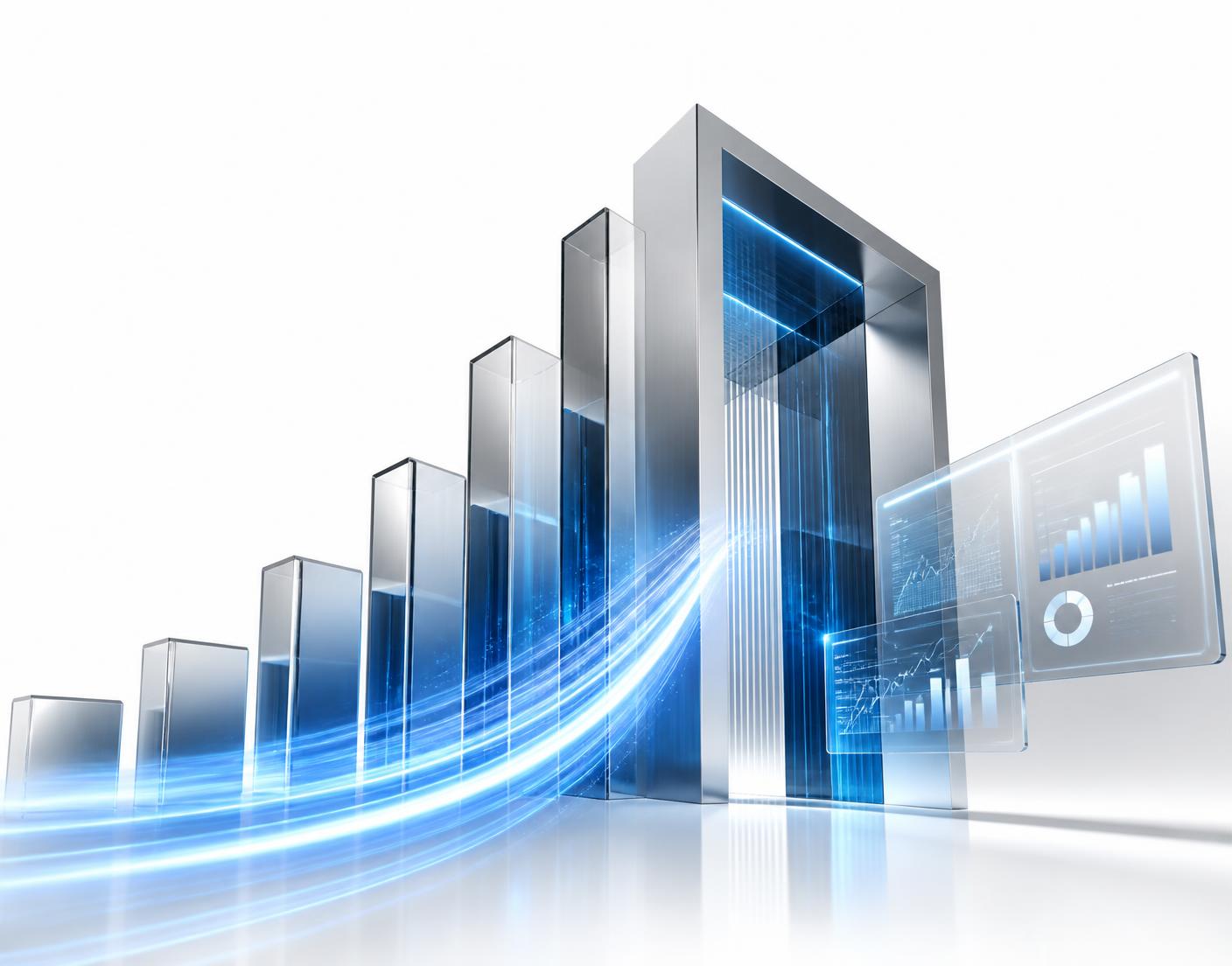 Ascending steel and glass growth columns with a blue capital stream flowing into a business structure