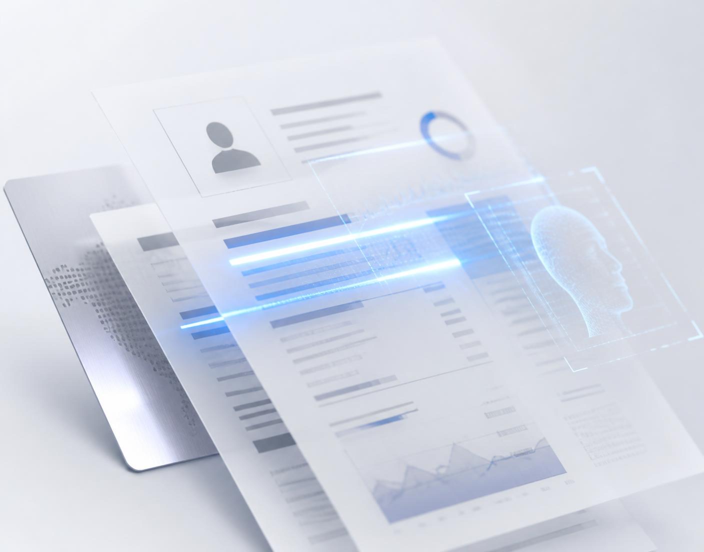 Layered credit report documents under a blue digital analysis scan