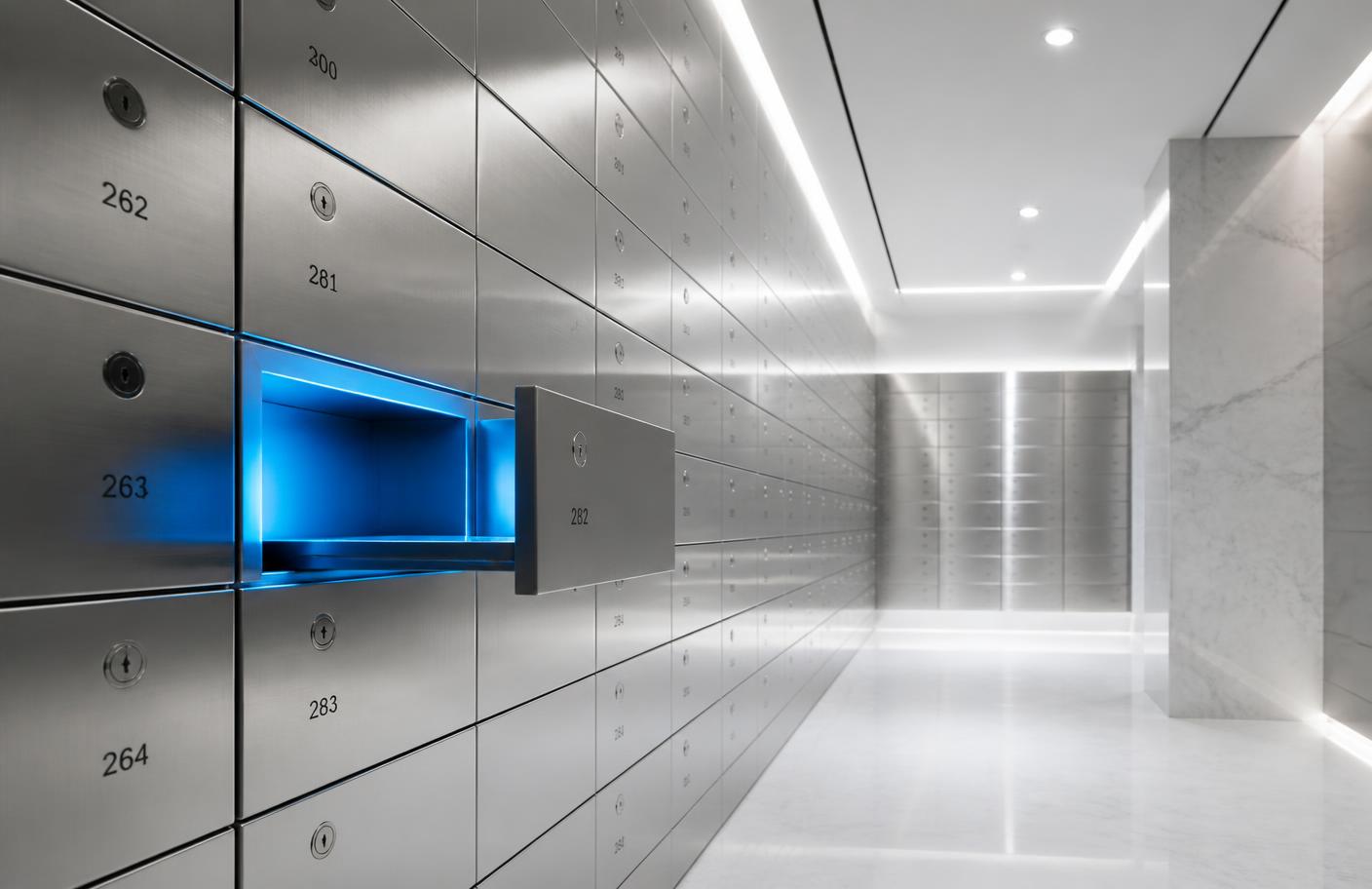 Steel vault boxes representing assembled business assets
