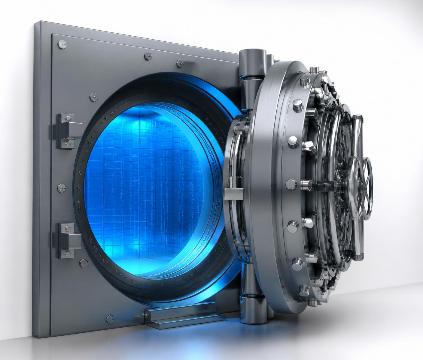 Open steel vault door with bright blue light glowing from inside